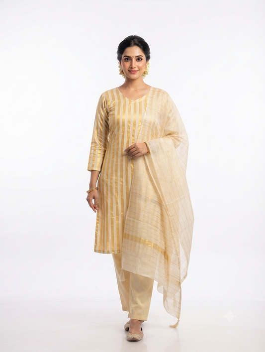 Mal chanderi golden striped onam suit set