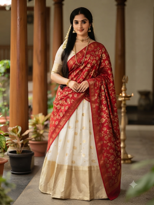 Davani set-Red- off white silk skirt combination