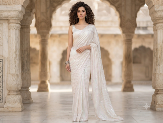 White Georgette sequenced ready to wear saree with blouse