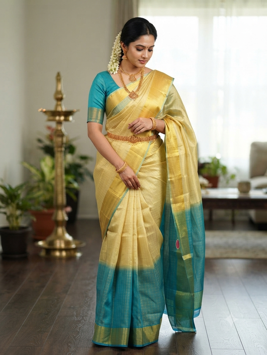 Kerala cotton tissue saree featuring a stunning half-dye design in rich blue and golden tones.