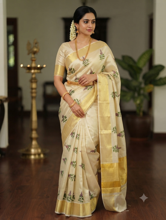 Kerala tissue cotton saree featuring an elegant Tulsi print design.