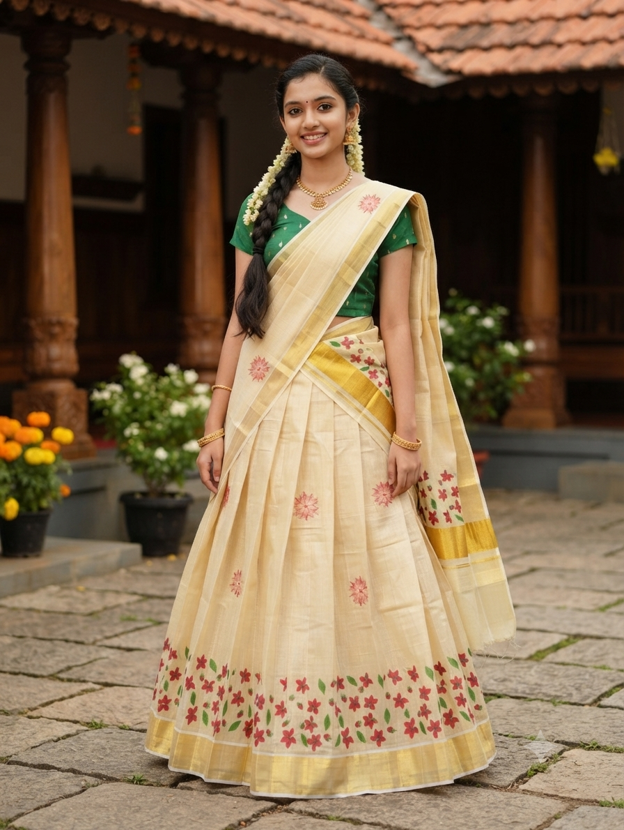 Kerala traditional floral printed ready made davani set