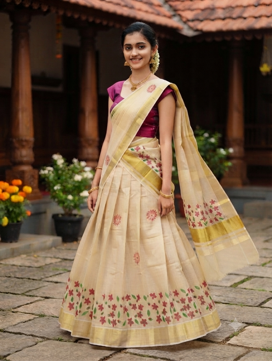 Ready made Kerala kasavu davani with floral print
