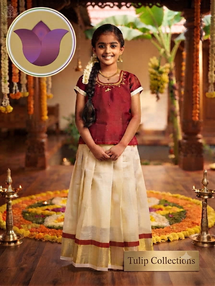 Girls Kerala tissue silk skirt with cotton silk top