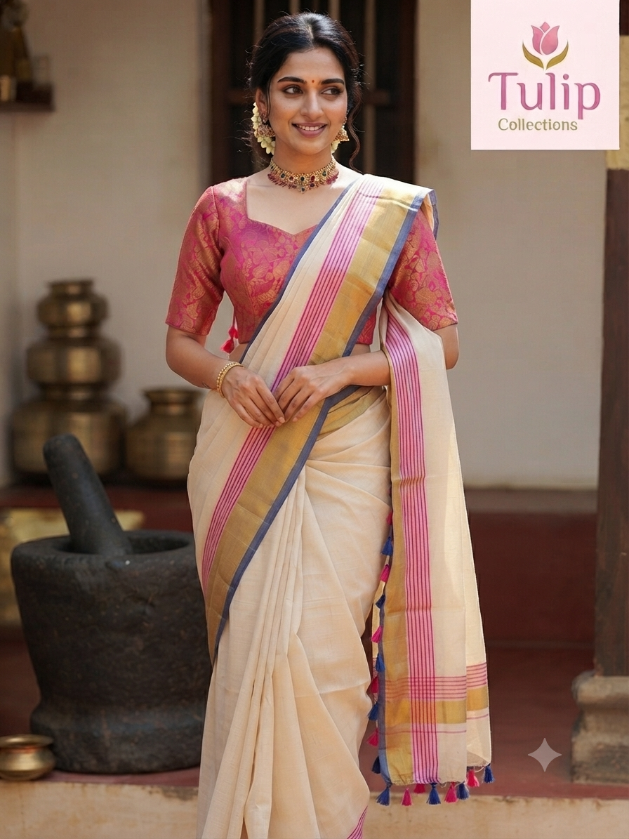 Mul cotton saree-  pink,blue and golden striped border