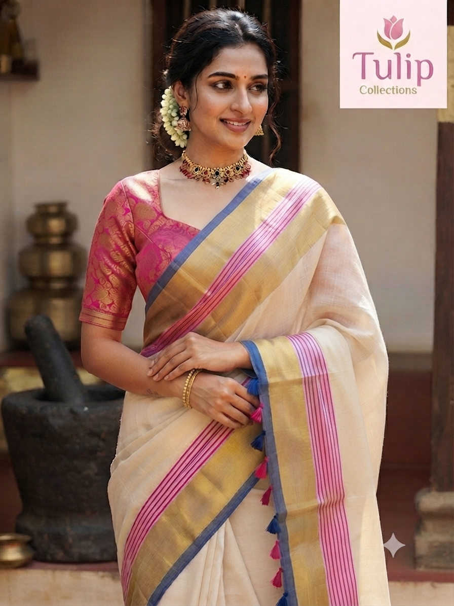 Mul cotton saree-  pink,blue and golden striped border