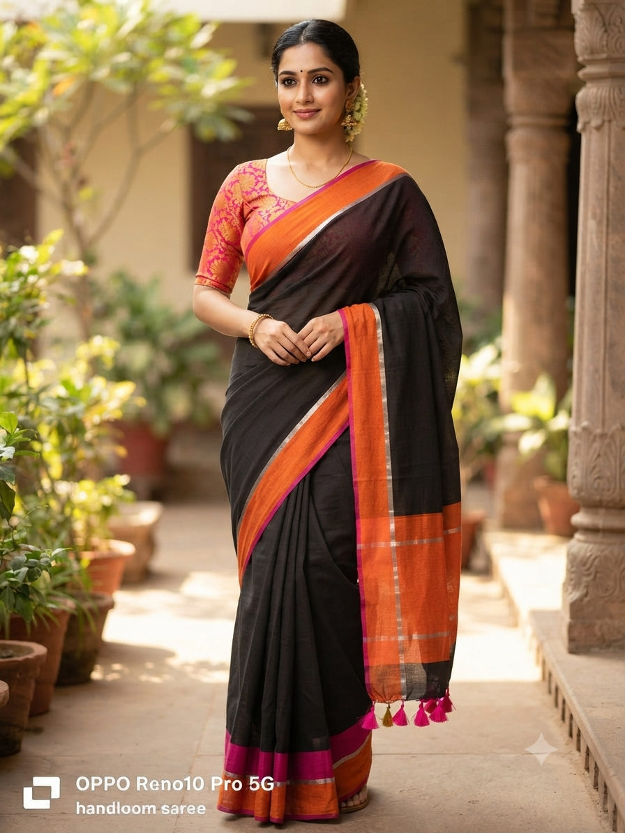 Mul cotton saree-Black ,orange and magenta
