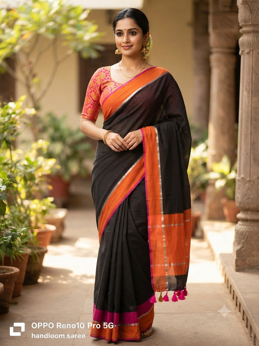 Mul cotton saree-Black ,orange and magenta