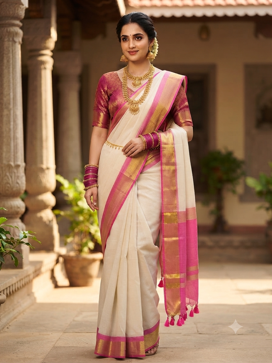 Off white mul cotton saree with pink and golden border
