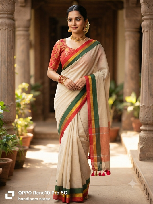 Mul cotton saree-we ith green,red and gold stripes vombination