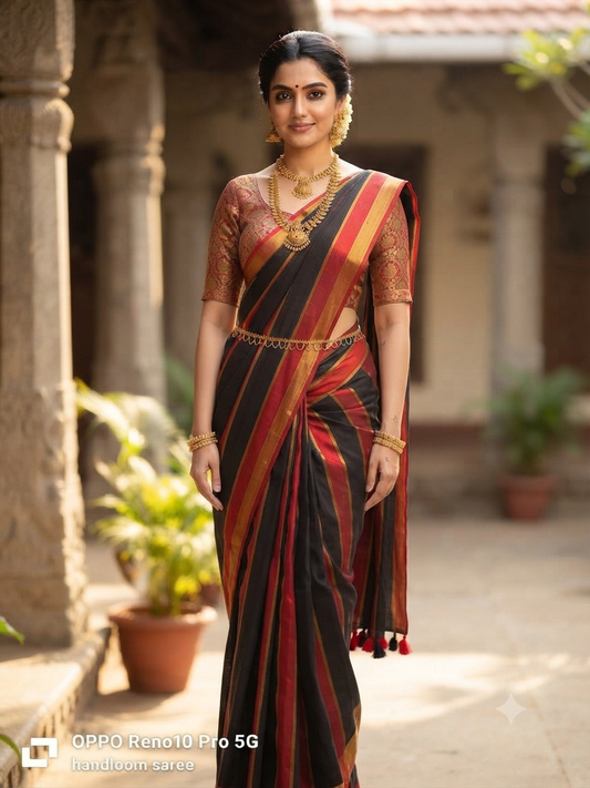 Mul cotton saree - Black ,red and golden stripe
