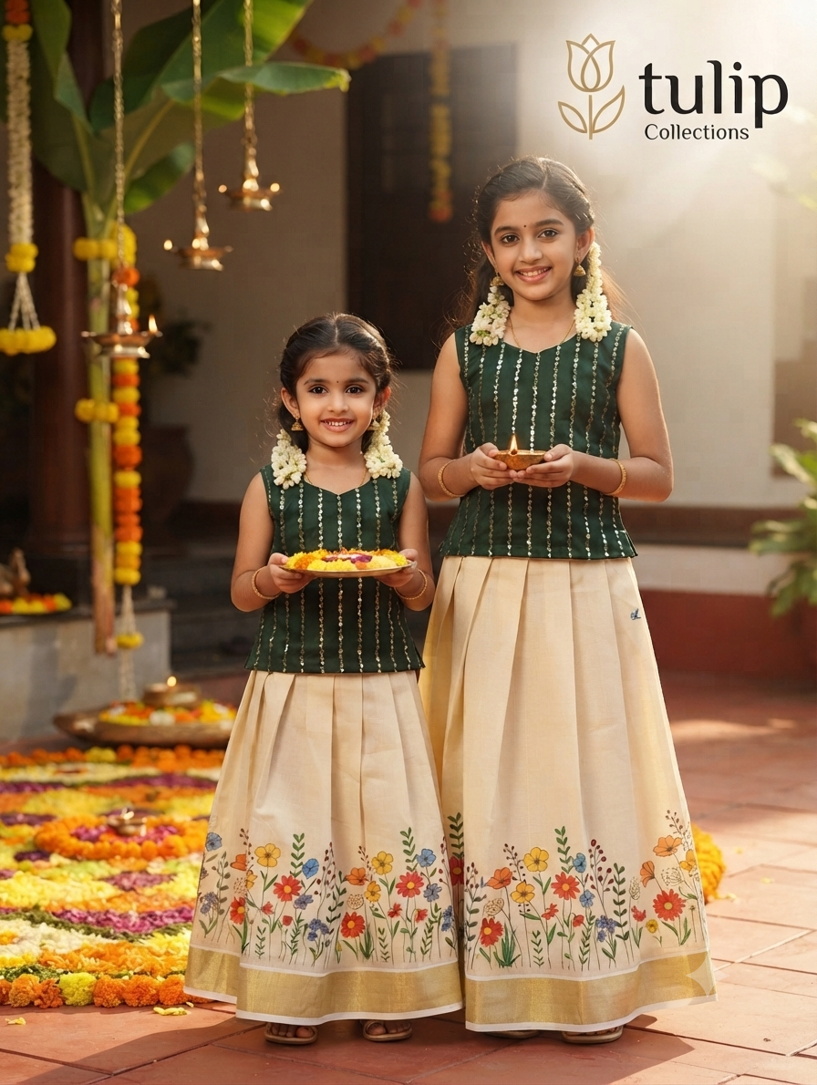 Girls onam skirt and sleeveless top