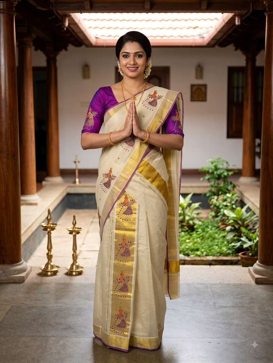 Kerala kasavu settu mundu with purple border and hand work