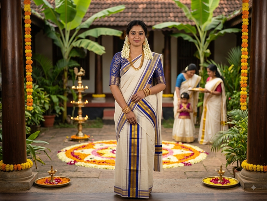 Kerala traditional settu mundu-Blue and golden stripe