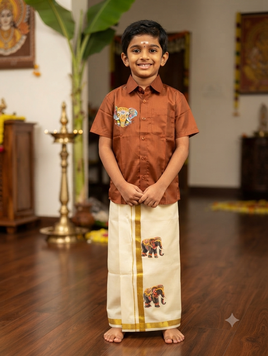 Boys  earth orange pure silk shirt- and mundu