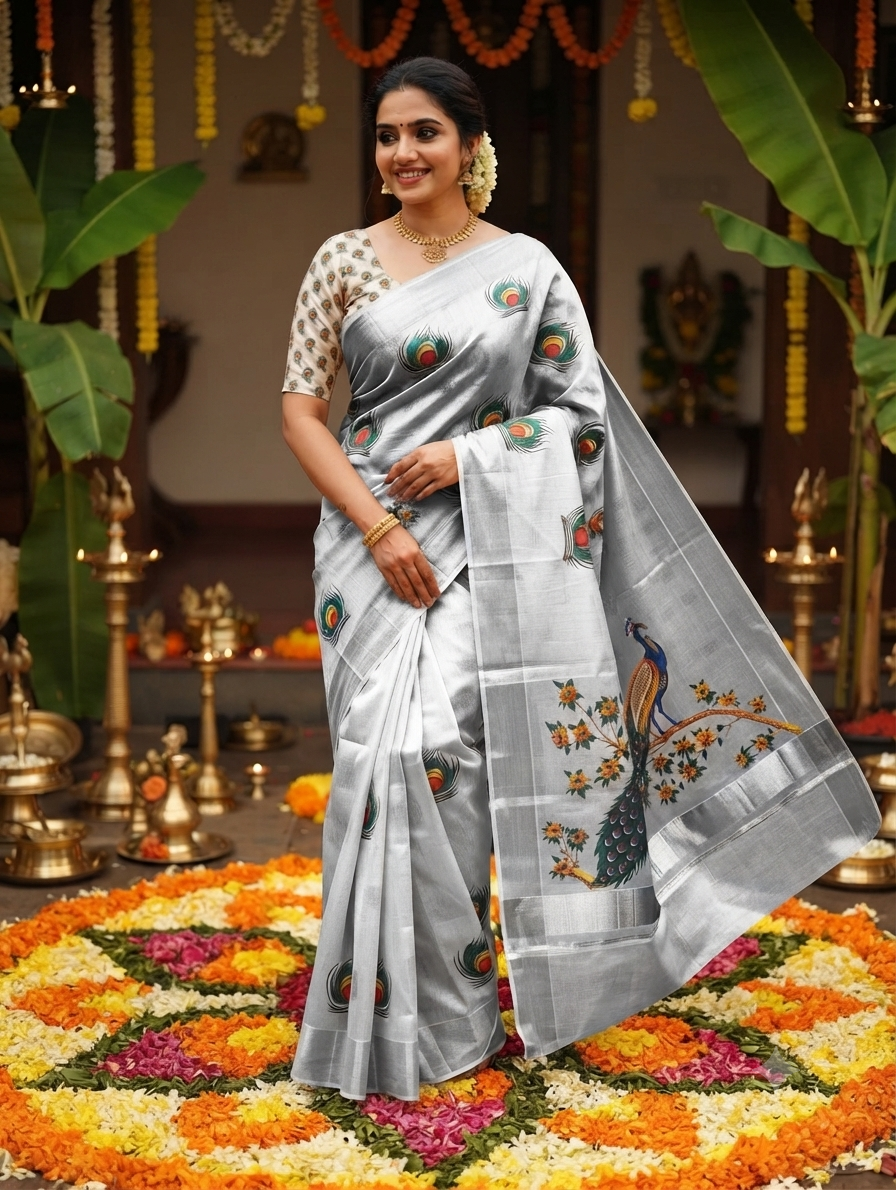 Silver tissue saree with peacock digital prints and silver border and printed blouse