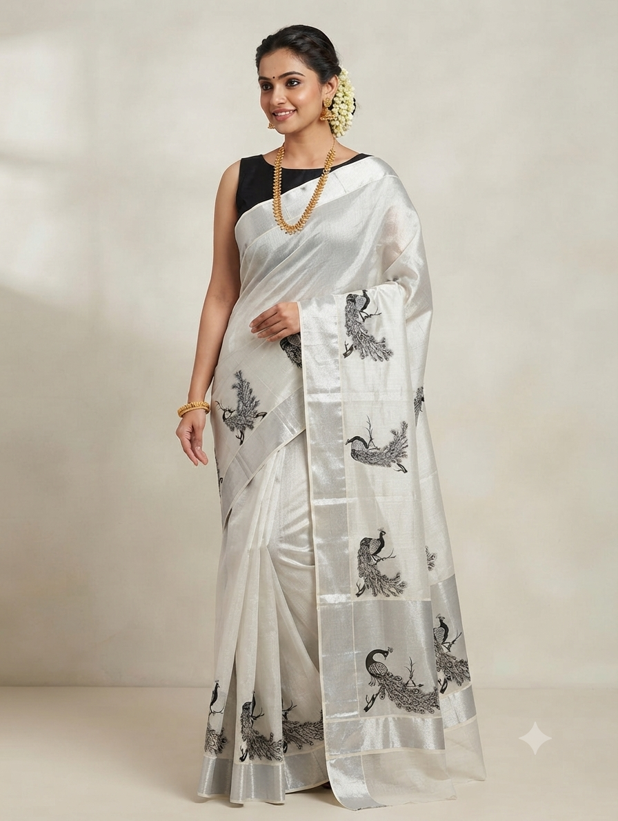 Kerala silver tissue saree with peacock motiffs