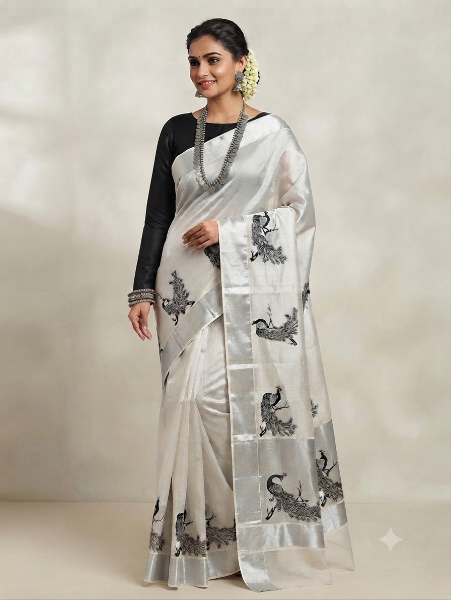 Kerala silver tissue saree with peacock motiffs