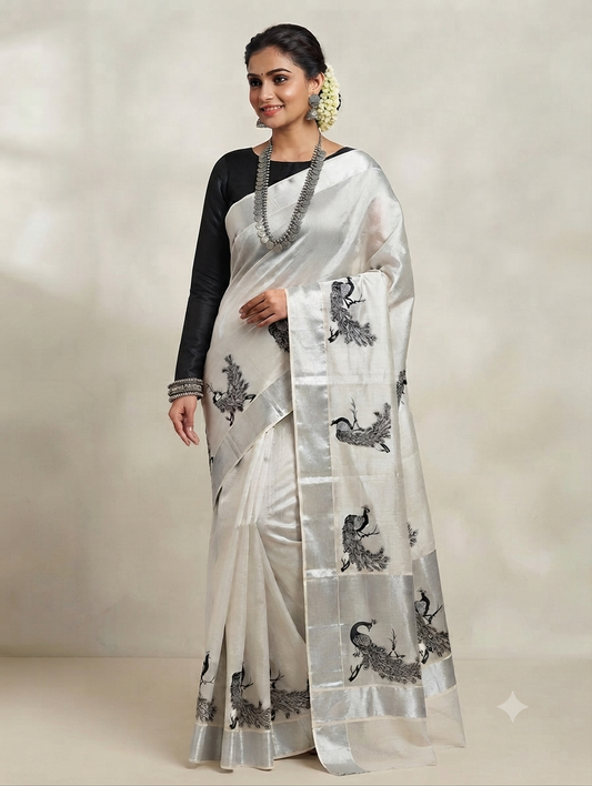 Kerala silver tissue saree with peacock motiffs