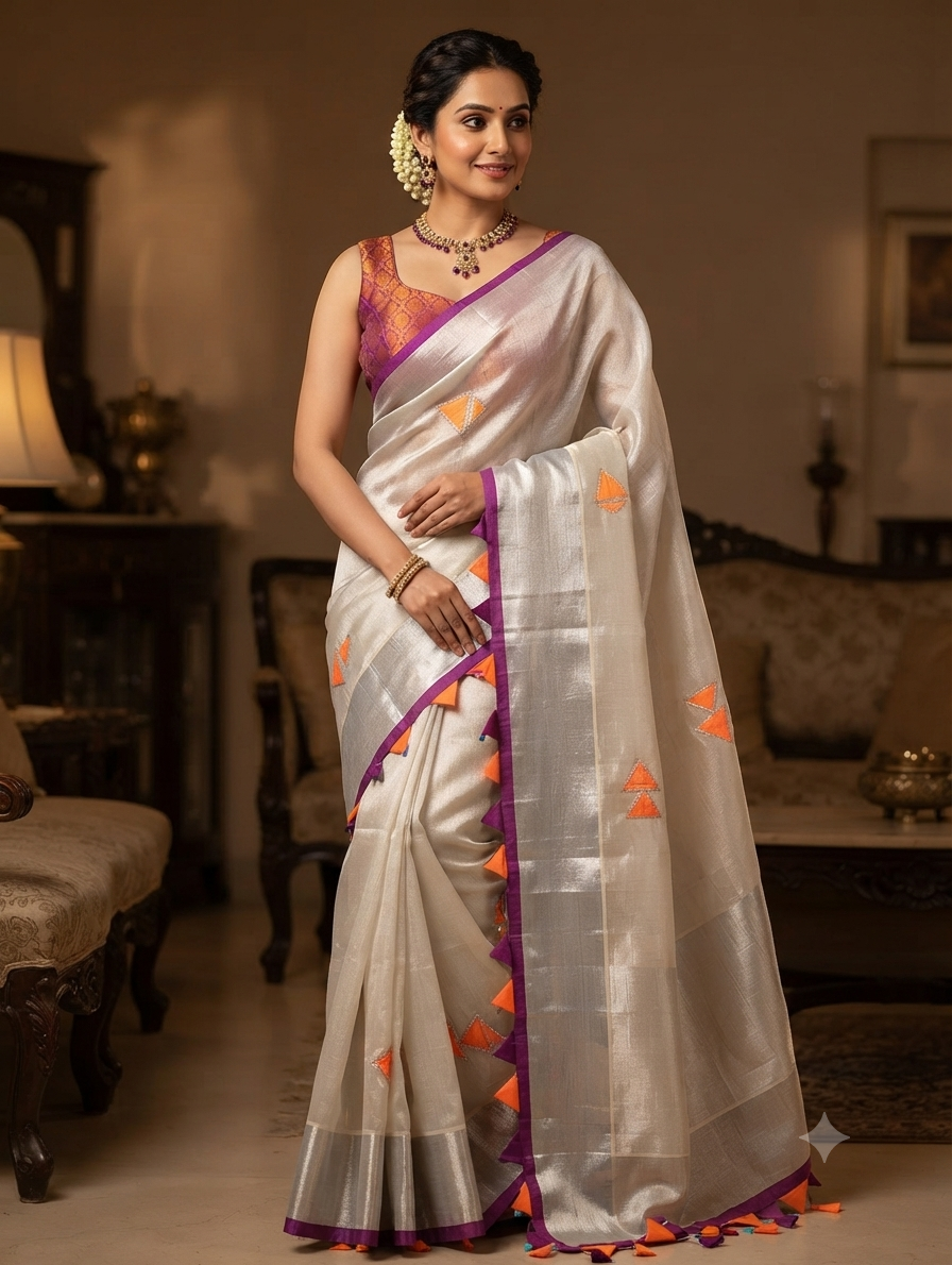 Silver tissue saree with silver kasavu border