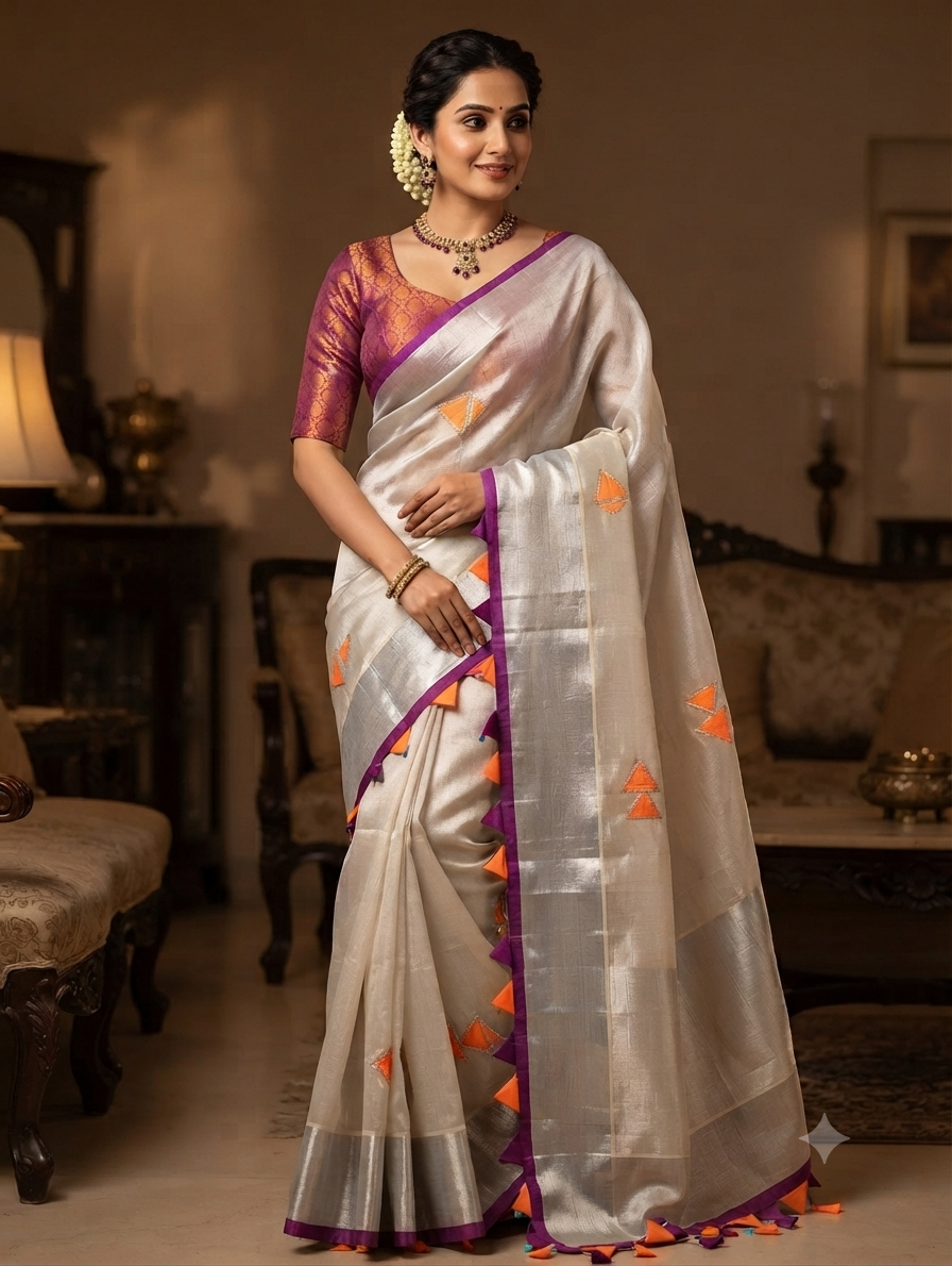 Silver tissue saree with silver kasavu border