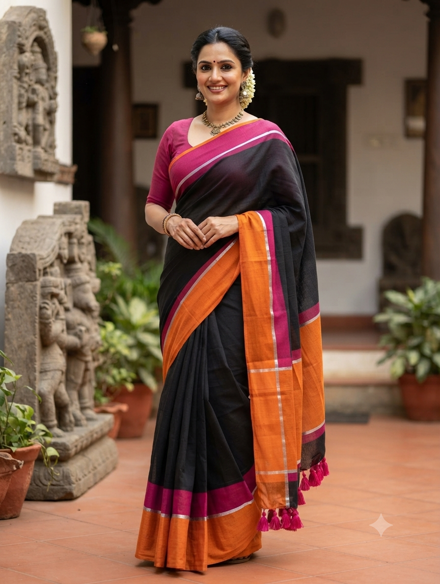 Mul cotton saree with orange and magenta border
