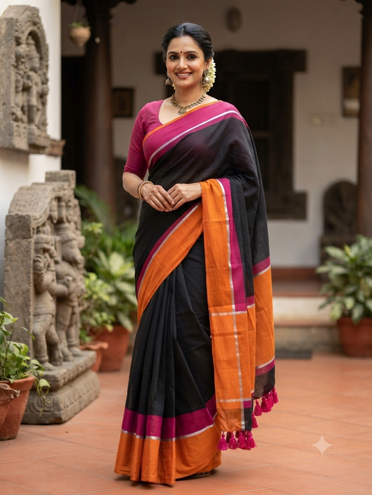 Mul cotton saree with orange and magenta border
