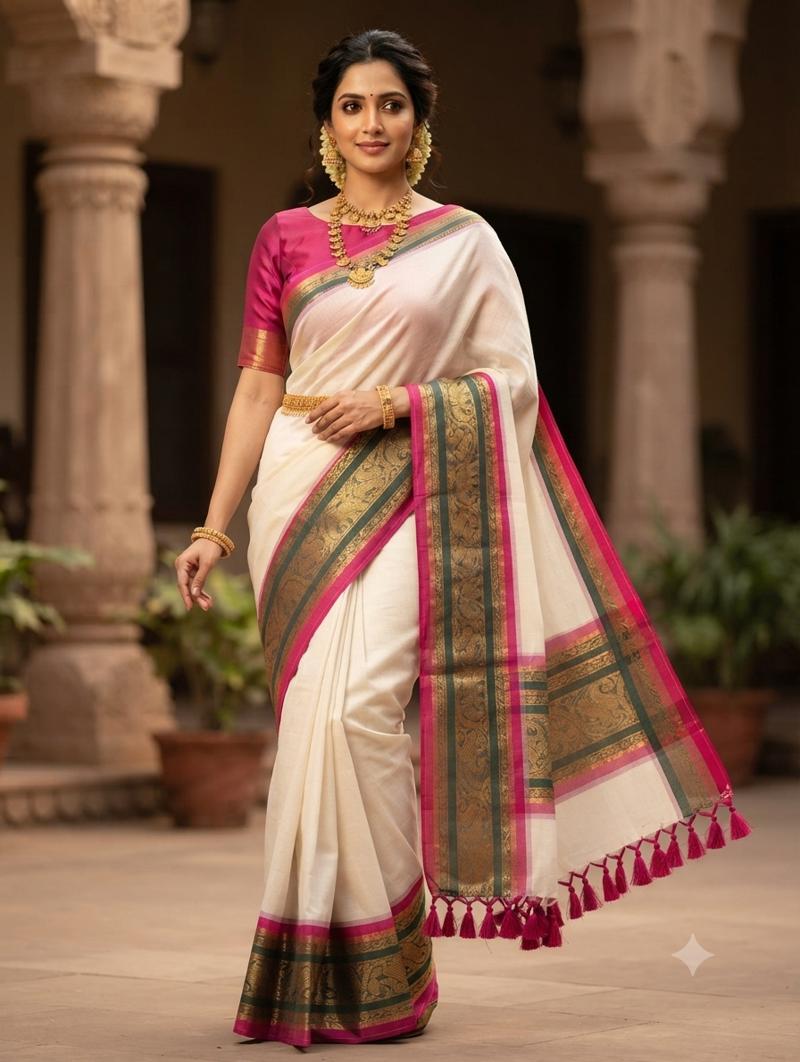 Mul cotton saree with green and magenta border