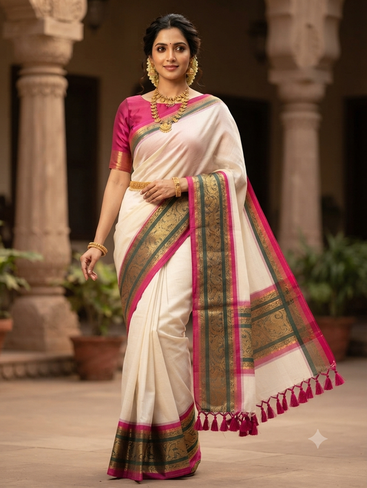 Mul cotton saree with green and magenta border