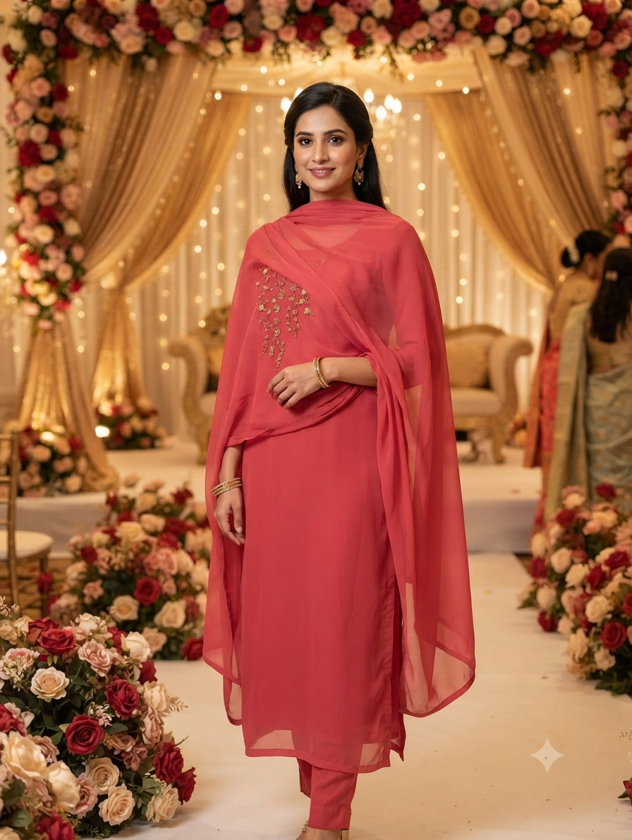 Chiffon suit set- coral peach coloyr