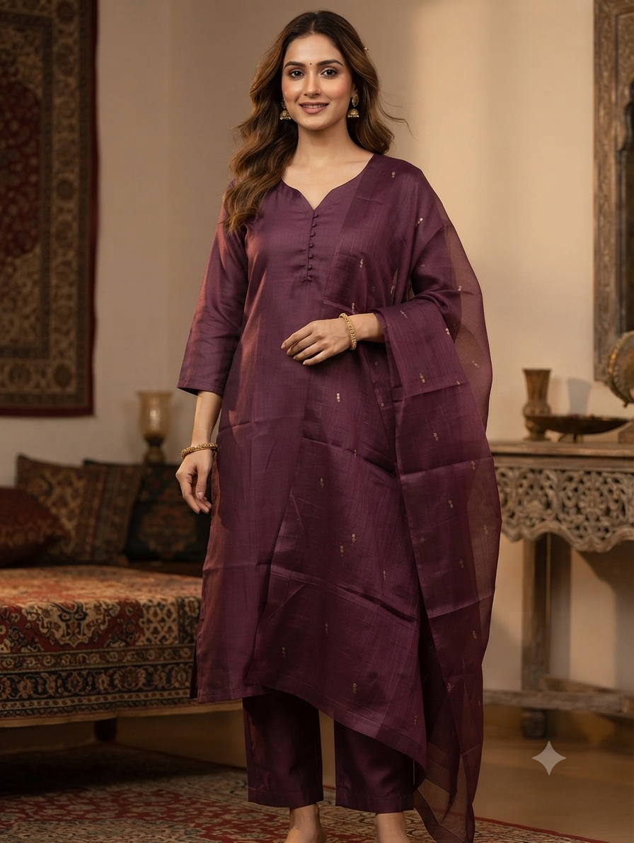 Pure Tassar silk suit in dark wine red colouy