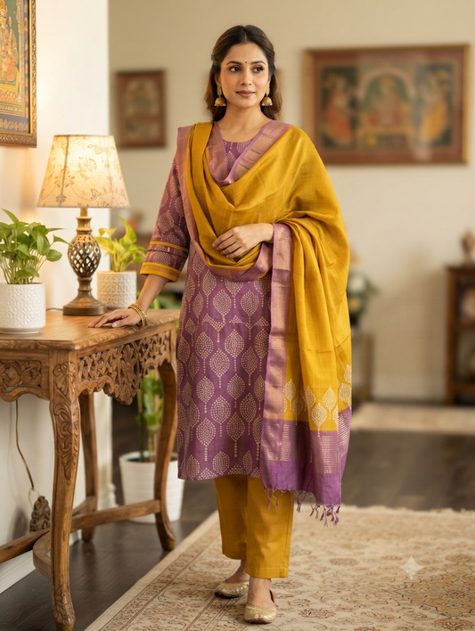 Pure jute silk  suit set in yellow and lavender