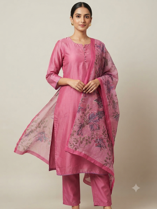 Pure tussar silk suit set- Pink colour