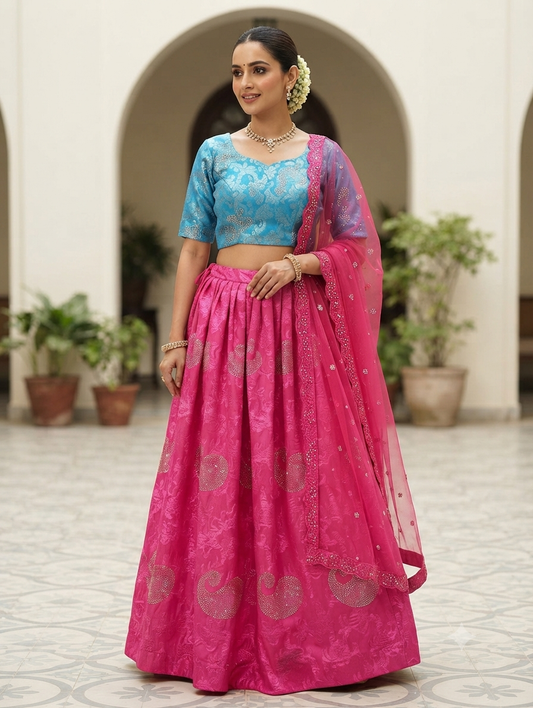 Lehenga ,top and shall - Magenta and blue combinations