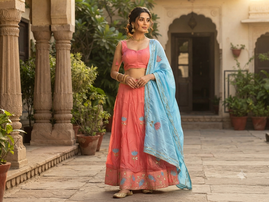 Georgette lehenga in dark peach and light blue