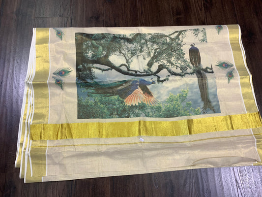 Kerala golden tissue πππ£ππ‘π€π€π’ saree with peacock hand painted pallu saree