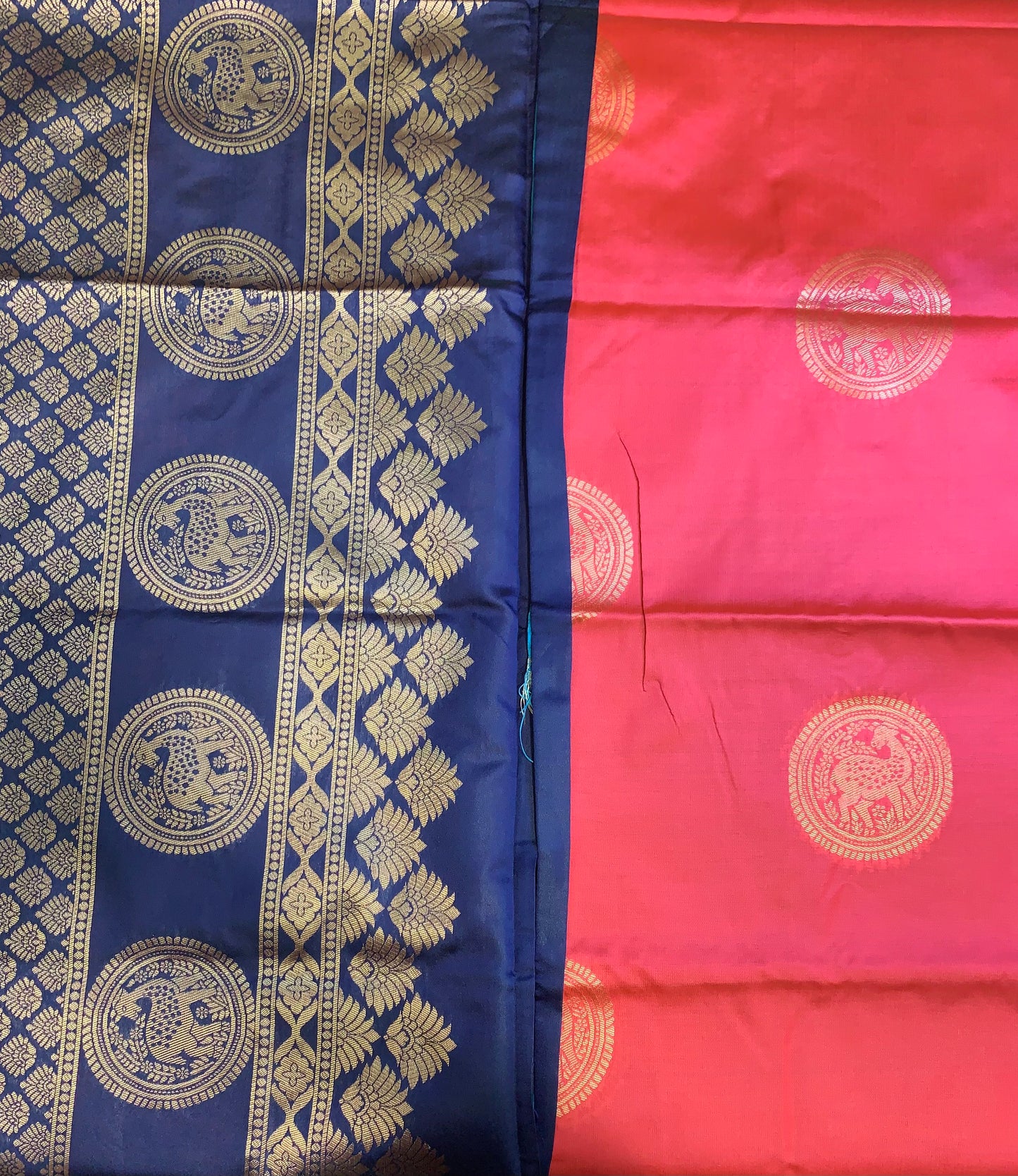 Pink-Blue golden border Art Silk Saree(unstitched blouse)