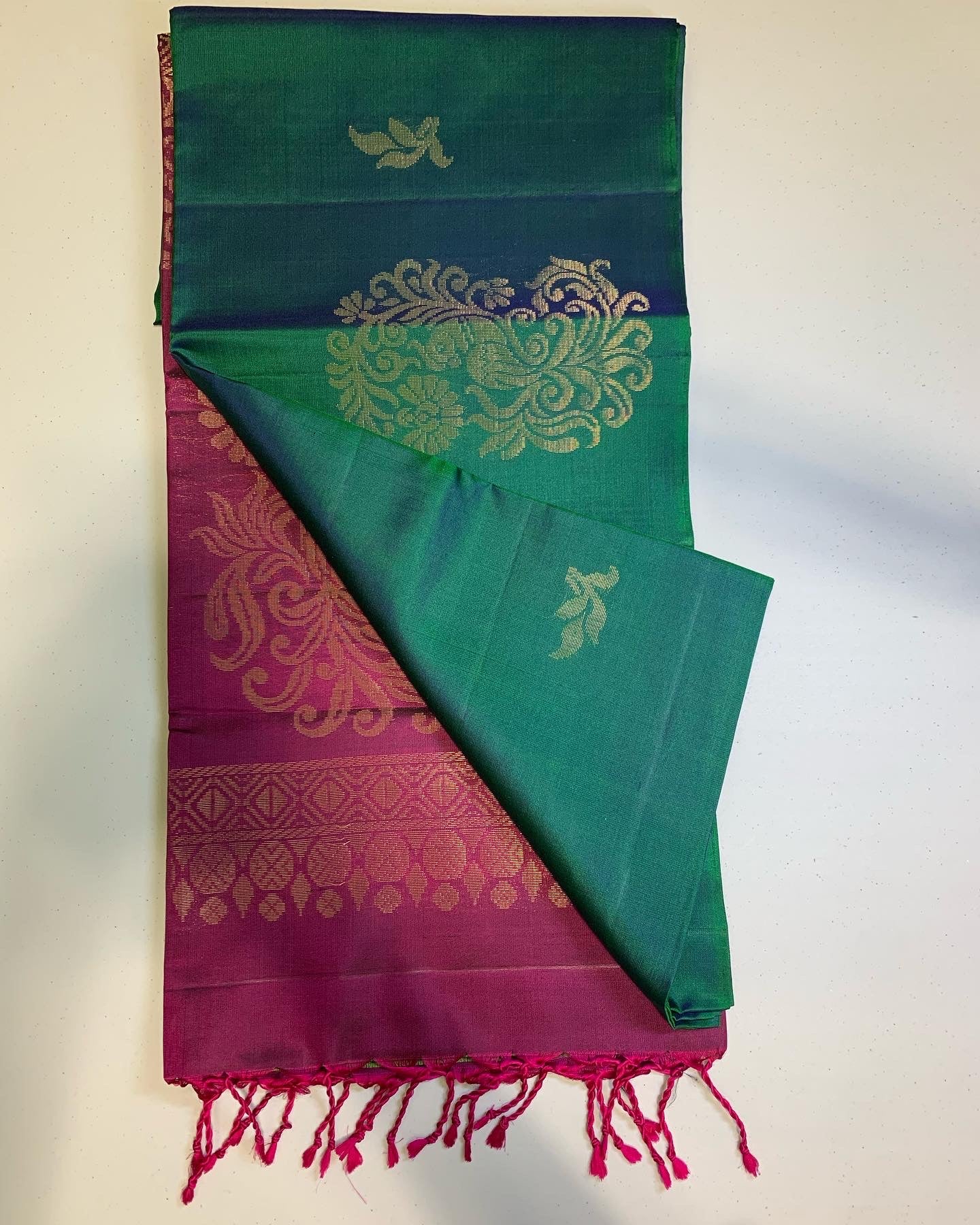 Peacock green-pink Kanchipuram Silk Saree