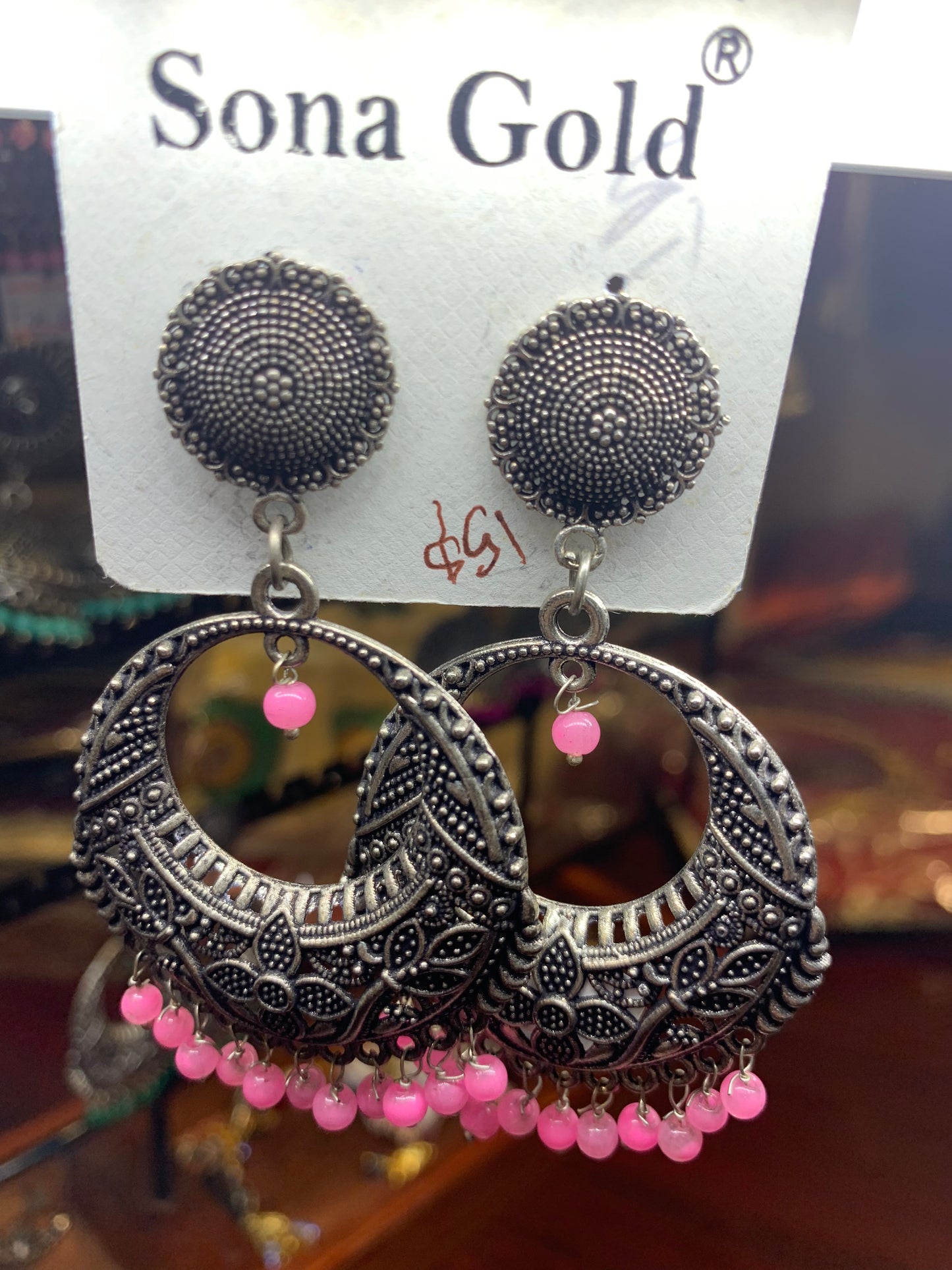 Chandbali pink beads earring