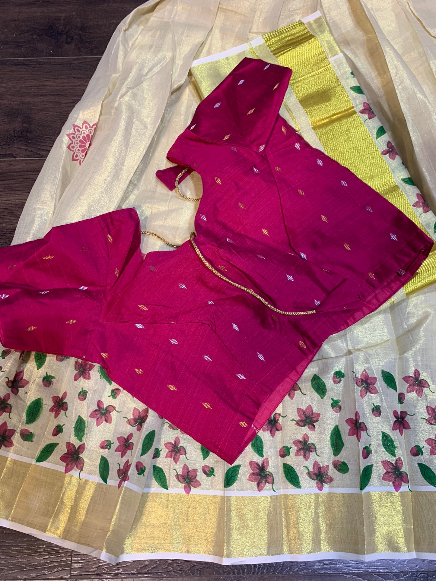 Ready made Kerala kasavu davani with floral print