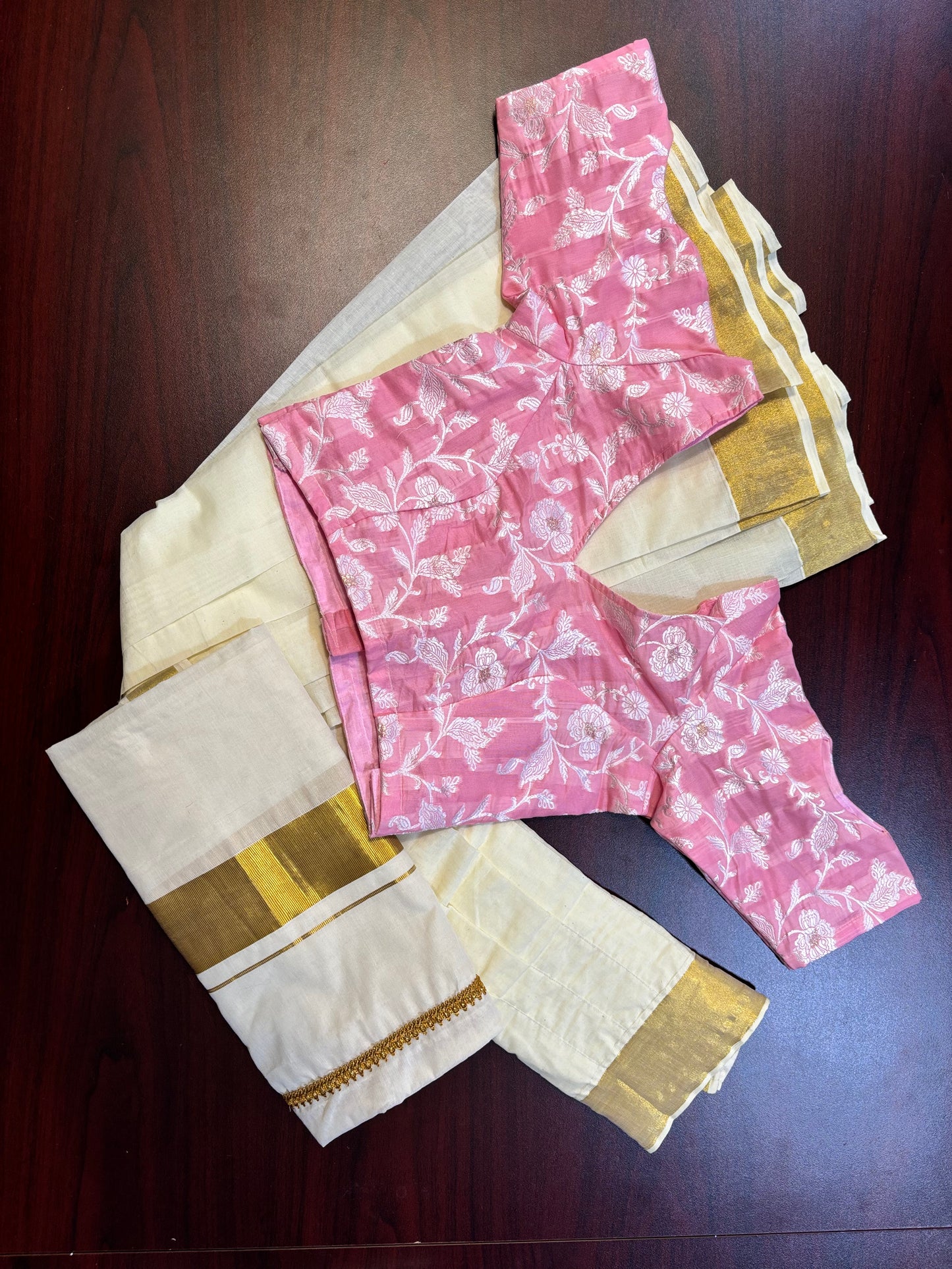 Davani set in Kerala kasavu material with pink cotton top