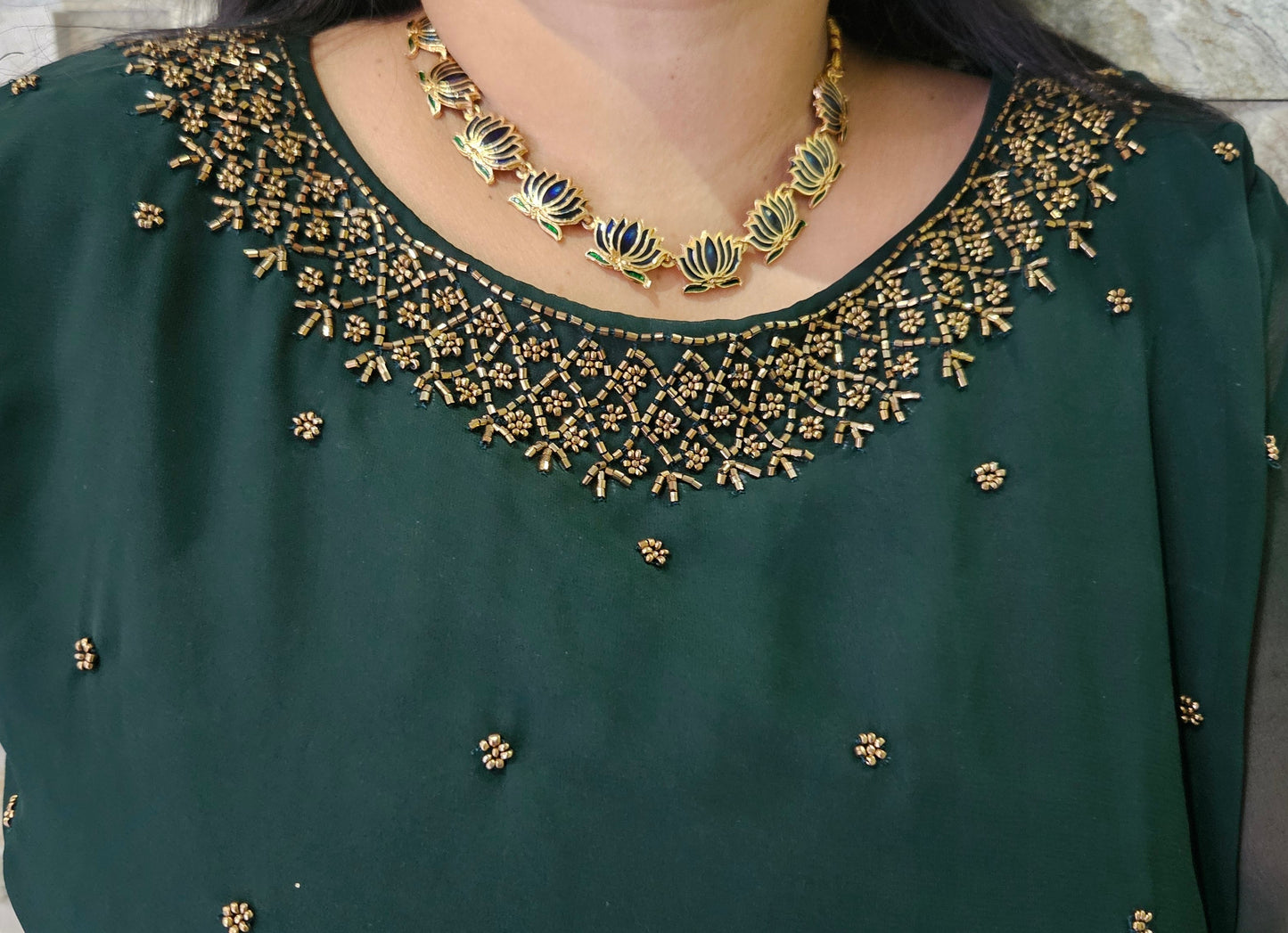 Georgette A-line kurta-Bottle green