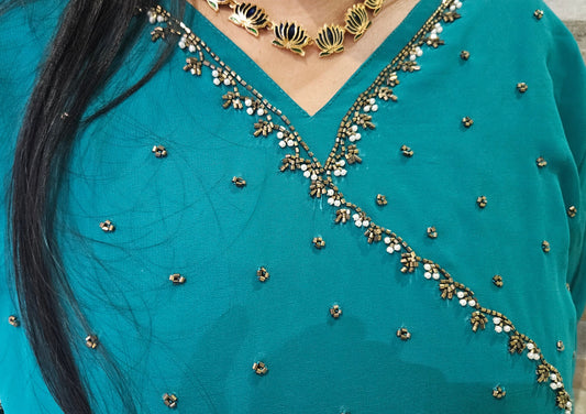 Georgette Front pleated A line frock kurti with antique gold bead work-sea green