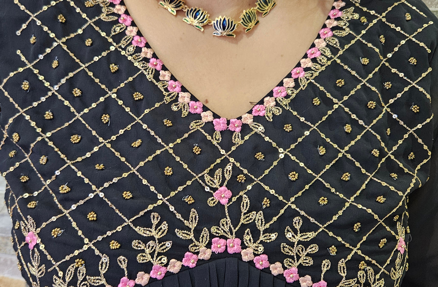 Front pleated neck and yoke hand work embroidery and antique gold bead work