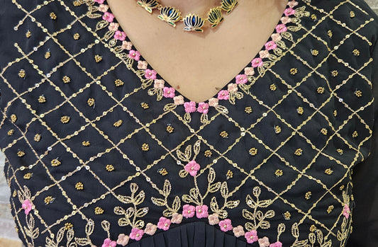 Front pleated neck and yoke hand work embroidery and antique gold bead work
