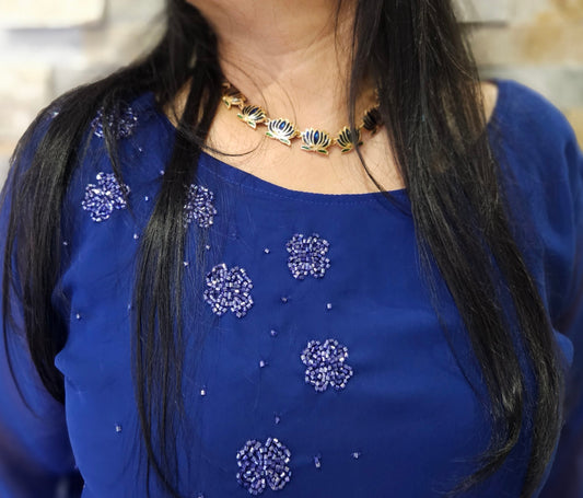 A line gown with neck and yoke handwork with -Royal blue