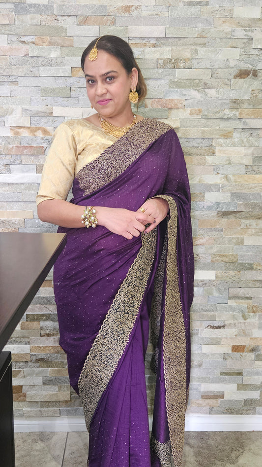 Purple Vichitra Silk saree with unstitched blouse-Purple