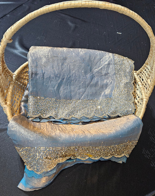 Crushed space silk saree with stone and beads