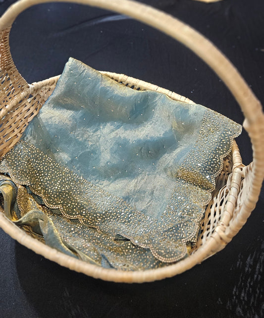 Crushed space silk saree with golden  cut beads and stones all over the saree-Sky Blue