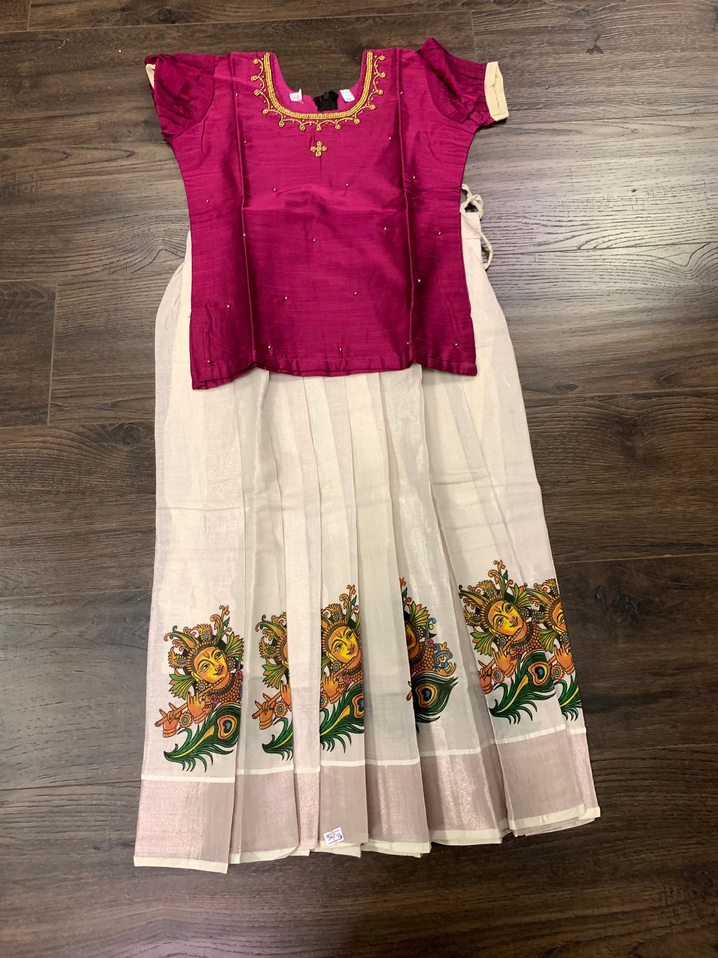 Girls Kerala kasavu printed skirt with silk blouse